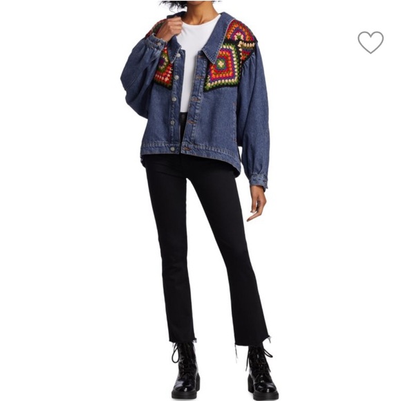 FARM RIO Crochet Embroidered Denim Jacket granny square‎ medium black new med - Picture 7 of 14
